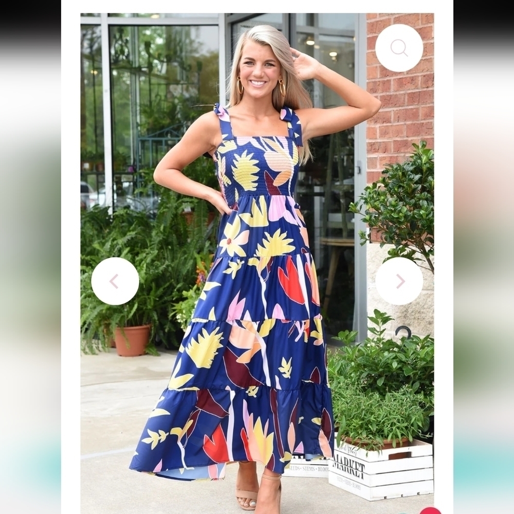 Smocked Floral Tiered Maxi Dress - Navy Multicolor